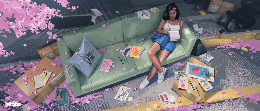 黑发少女坐绿沙发执笔绘画粉樱飘落创意插画电脑壁纸