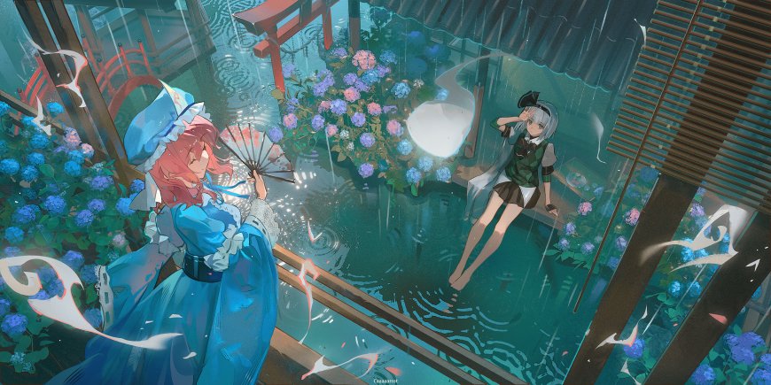 东方Project西行寺幽幽子与魂魄妖梦雨夜庭院绣球花唯美动漫电脑壁纸