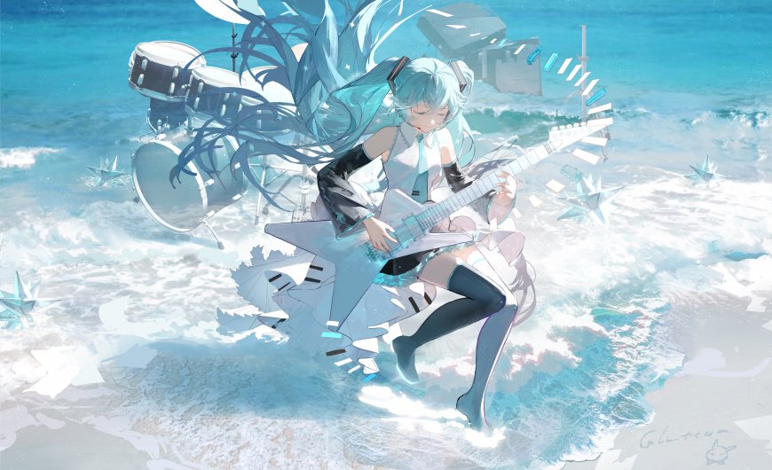 初音未来海浪中弹奏星形电吉他蓝白清新动漫电脑壁纸