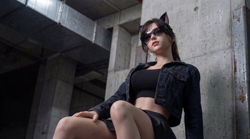 猫女造型黑衣少女戴墨镜猫耳坐姿工业风暗灰人物摄影电脑壁纸