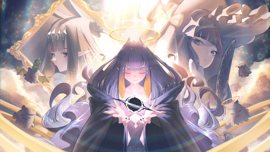 原神雷电将军紫发闭眼持神之心金光环绕动漫电脑壁纸
