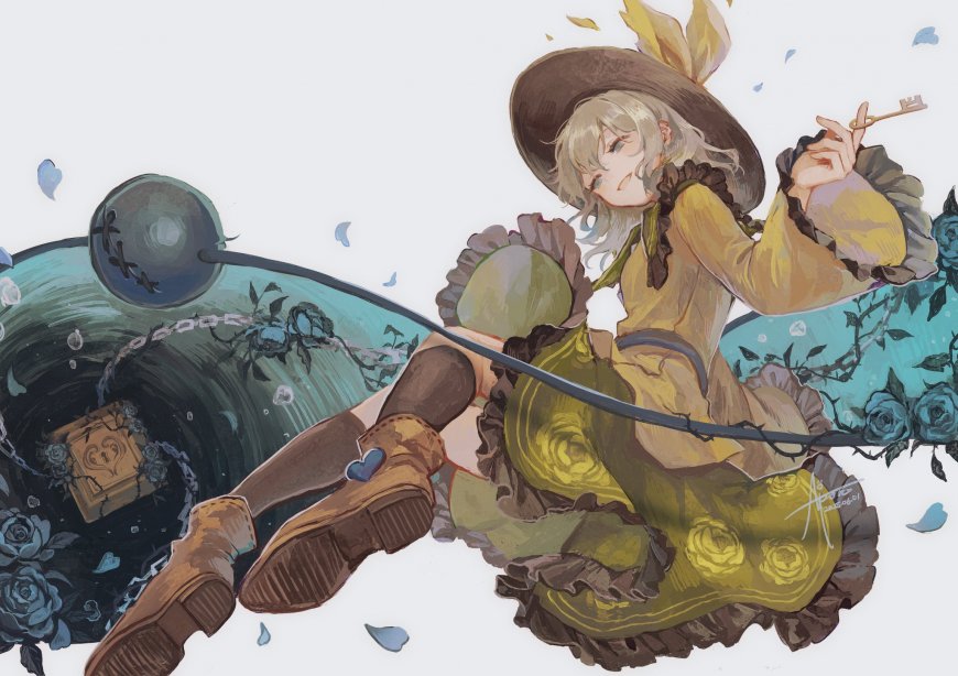 魔法少女持钥匙坐于玫瑰漩涡旁黄绿洛丽塔风格动漫电脑壁纸