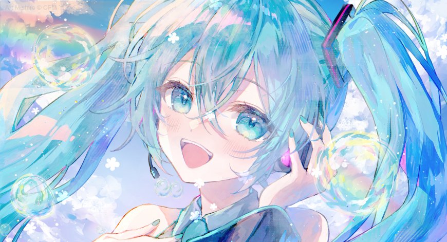 初音未来蓝发双马尾微笑吹泡泡粉蓝梦幻动漫电脑壁纸