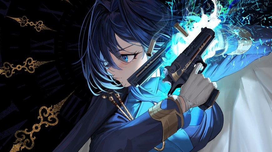 原神夜兰蓝发持枪射击蓝白炫光动漫电脑壁纸