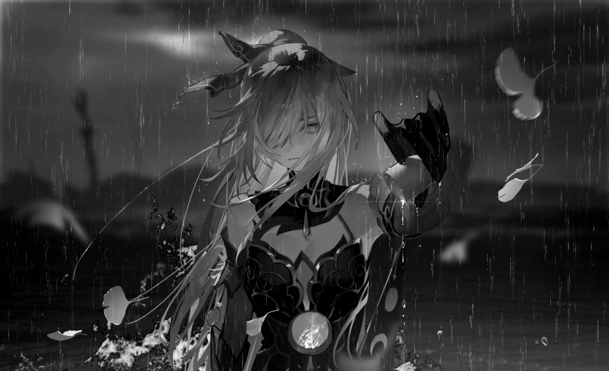 原神雷电将军雨中抬手黑白动漫电脑壁纸