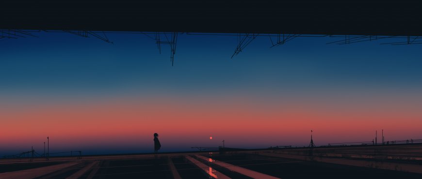 屋顶剪影少女远望落日渐变蓝红插画电脑壁纸
