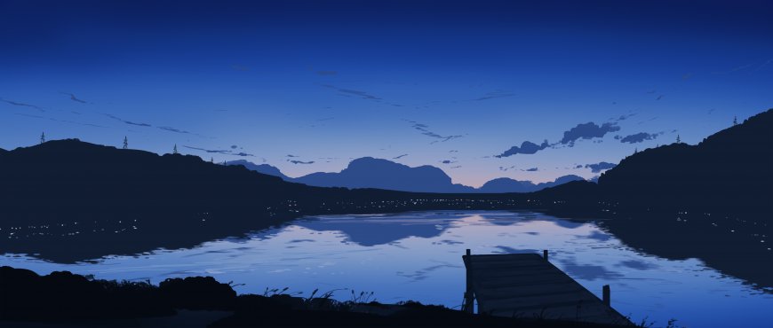 湖畔木栈道远山剪影微光点点蓝紫渐变风景电脑壁纸