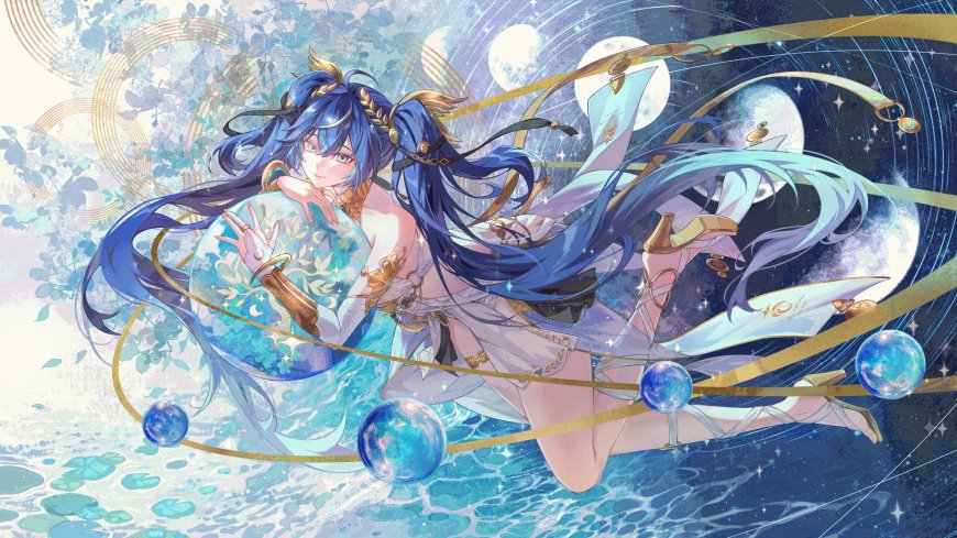 原神芙宁娜蓝发少女持水球星月环绕蓝白梦幻动漫电脑壁纸