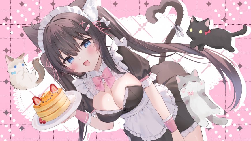 猫耳女仆少女手持草莓蛋糕粉白萌系动漫电脑壁纸