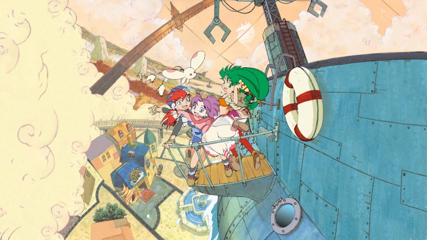 小魔女学园三位少女与白兔空中冒险蓝绿暖调动漫电脑壁纸
