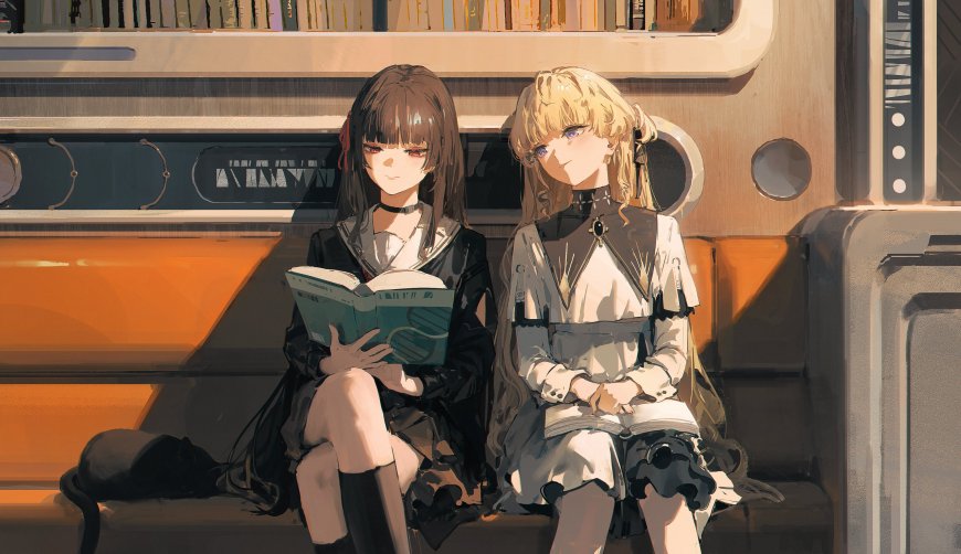 两位少女车厢共读暖橙动漫电脑壁纸