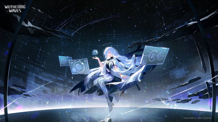 鸣潮莫宁蓝发少女漂浮在星空科技面板唯美动漫电脑壁纸