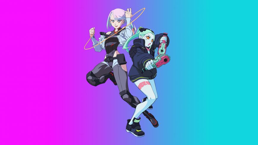赛博朋克风格双女主持械跃动粉蓝渐变动漫电脑壁纸