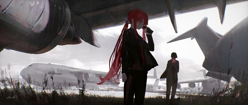 红发少女黑衣持枪站立废弃机场灰白动漫电脑壁纸