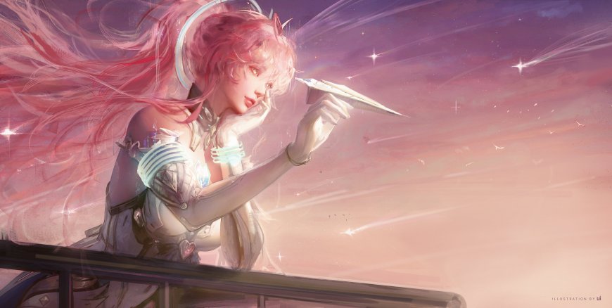 粉发少女手持纸飞机星尘飘散粉紫梦幻动漫电脑壁纸