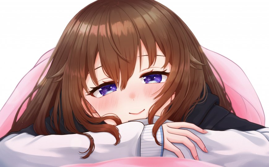动漫少女棕发紫眸微笑倚枕粉白柔和动漫电脑壁纸