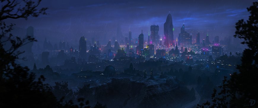 未来都市夜雨霓虹璀璨蓝紫科幻电脑壁纸