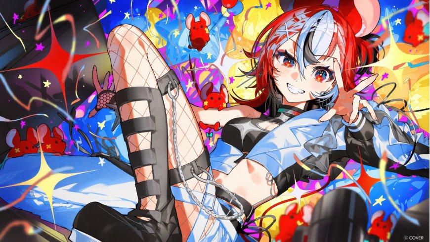 红发双色眼少女比耶微笑炫彩背景动漫电脑壁纸