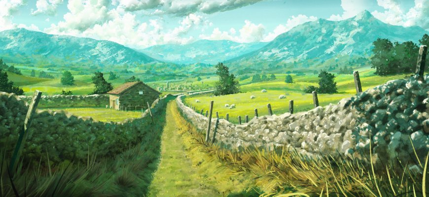 青山绿野石墙小径田园风光蓝绿插画电脑壁纸