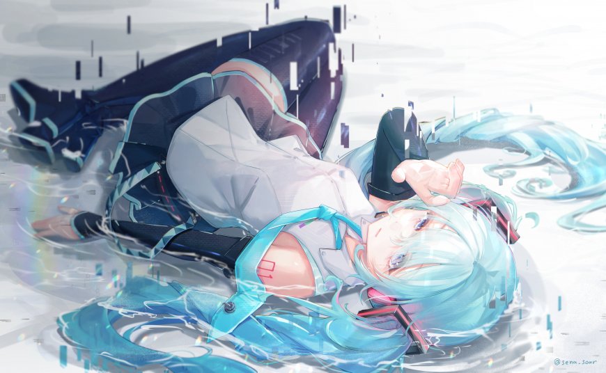 初音未来蓝发少女躺卧水波中青白渐变动漫电脑壁纸