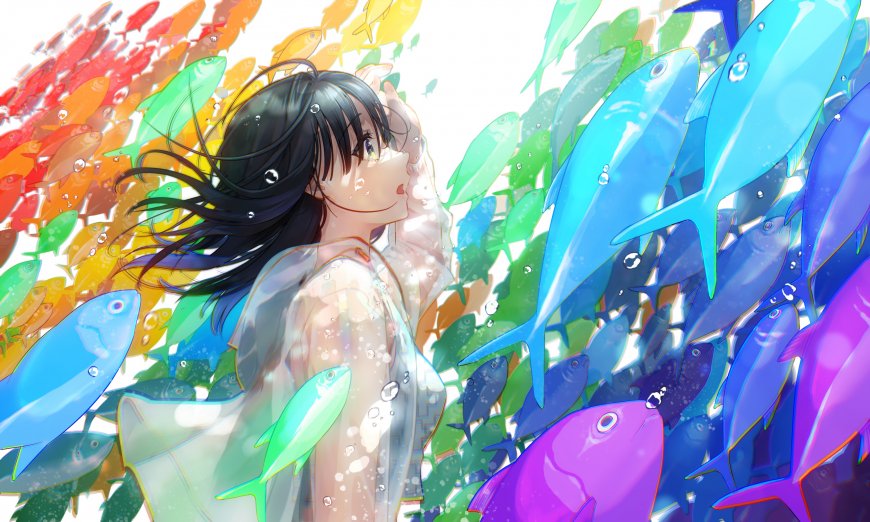 黑发少女水中仰望彩虹鱼群粉蓝梦幻动漫电脑壁纸