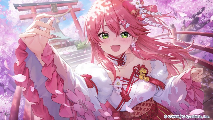 粉发绿眼少女樱花神社前微笑粉紫动漫电脑壁纸