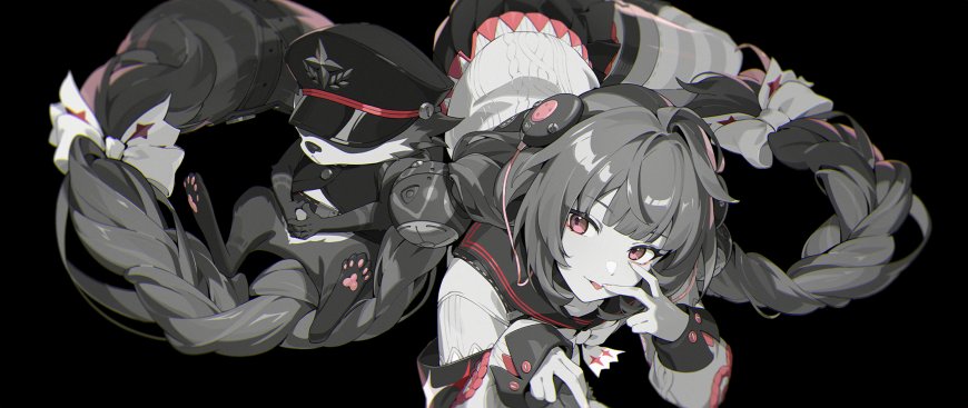 绝区零浮波柚叶灰发双辫黑制服抱狸猫黑底俏皮少女动漫电脑壁纸