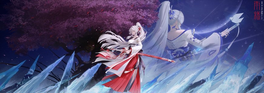 崩坏3符华白发红裙持剑樱花夜景紫蓝动漫电脑壁纸