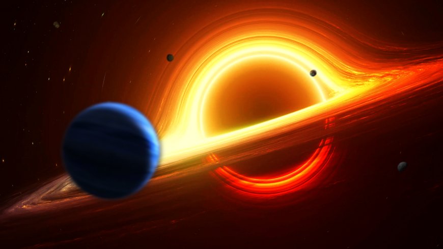 黑洞引力透镜效应环绕行星橙红炫光太空科幻电脑壁纸