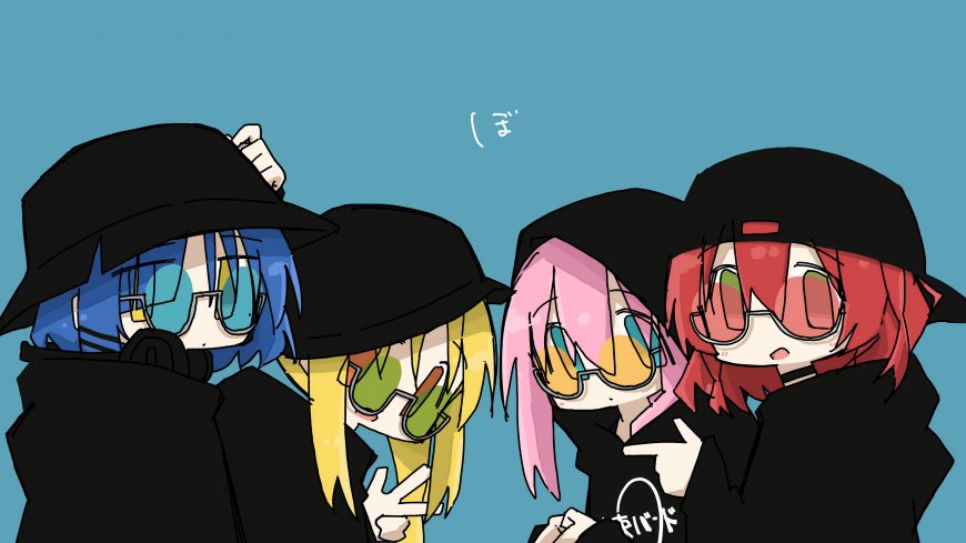 四色发少女戴墨镜黑帽动漫角色蓝粉黄红配色动漫电脑壁纸