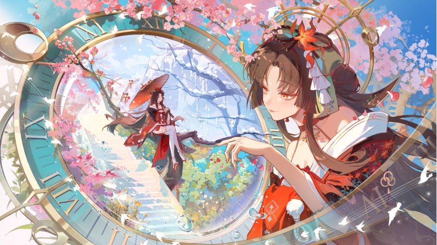 原神胡桃樱花时钟幻境粉紫动漫电脑壁纸