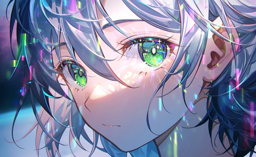 动漫角色蓝发绿瞳少女霓虹光效粉紫梦幻动漫电脑壁纸