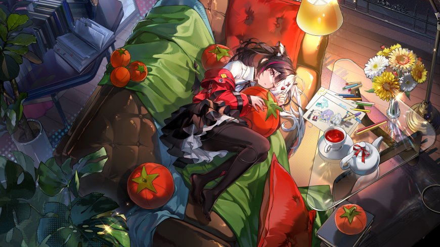 动漫少女躺卧沙发抱番茄绿红暖调插画电脑壁纸