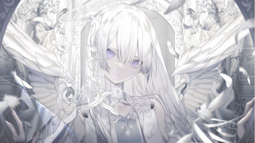 白发紫瞳天使少女羽翼环绕银白梦幻动漫电脑壁纸