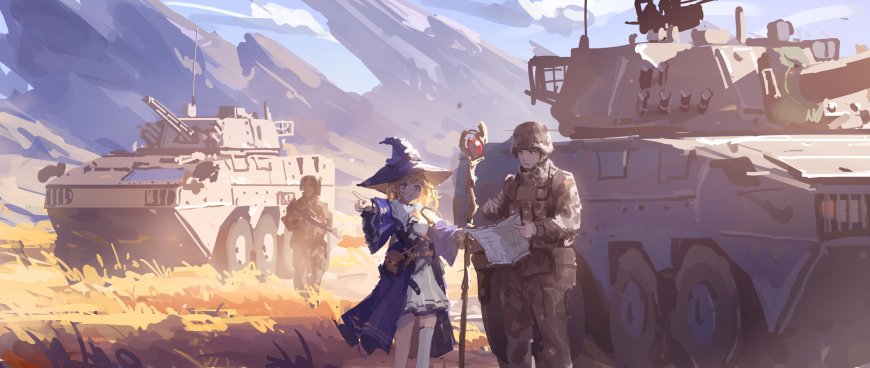 动漫游戏角色少女魔法师与士兵协同作战紫蓝暖调奇幻电脑壁纸