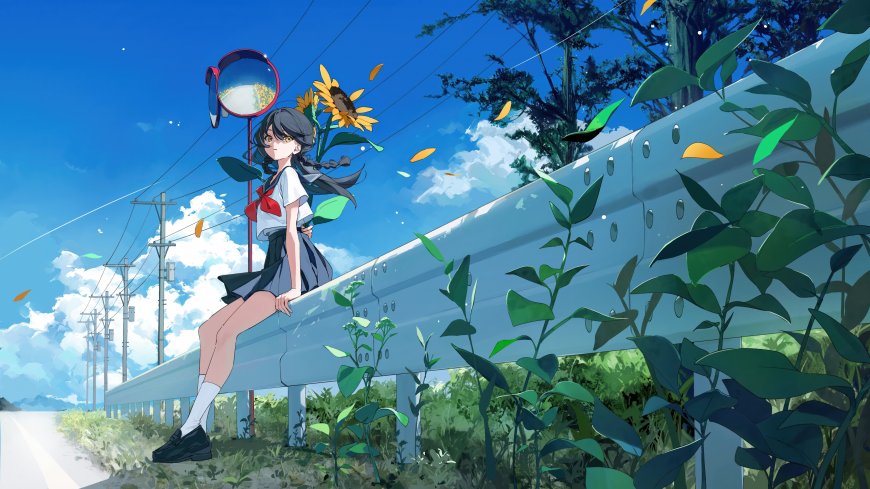 动漫少女路边护栏坐姿向日葵蓝天绿植蓝白清新动漫电脑壁纸
