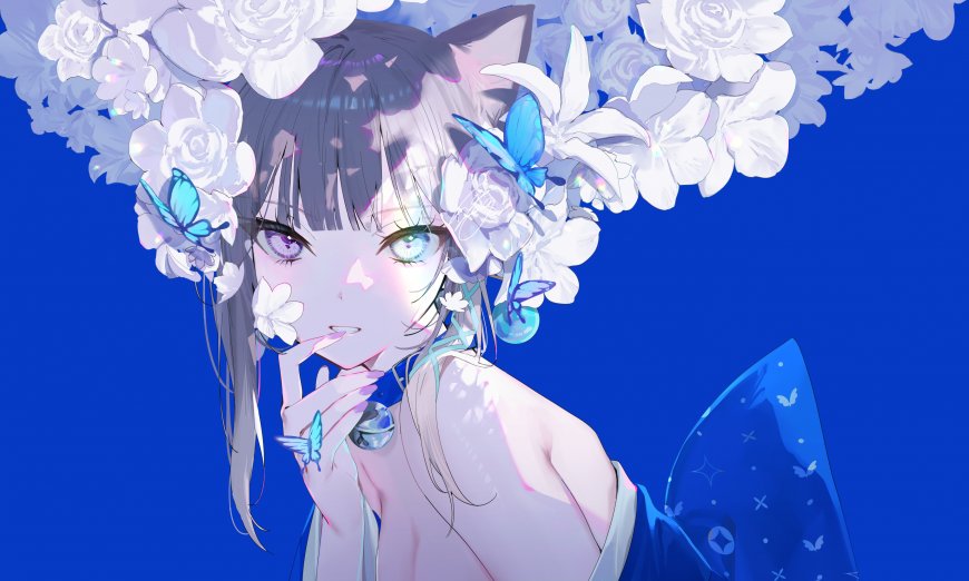 猫耳少女白花蓝蝶环绕异色瞳蓝紫动漫电脑壁纸