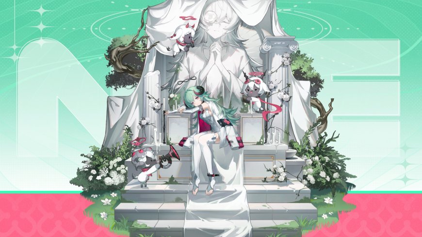 明日方舟圣约送葬人绿发白衣坐卧白色雕像前萌系少女动漫电脑壁纸