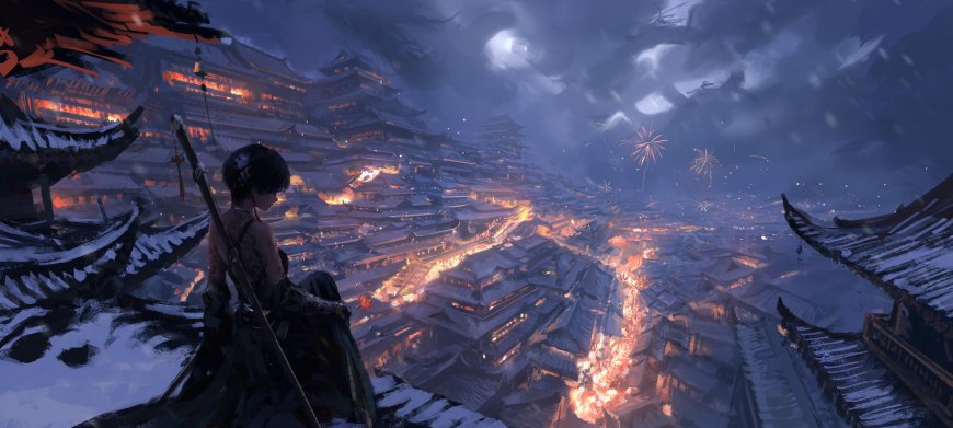 古风雪夜小镇灯火璀璨少女持剑眺望蓝紫奇幻电脑壁纸