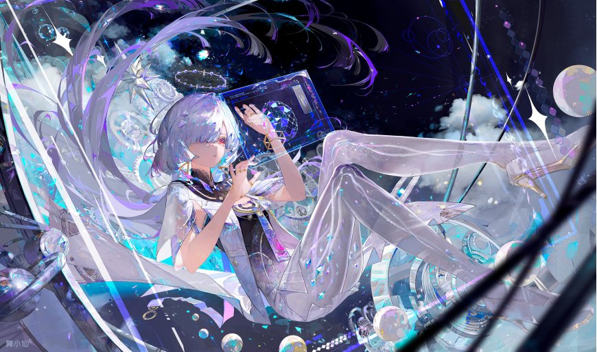 崩坏3德丽莎银发操作全息屏幕星空齿轮科幻唯美动漫电脑壁纸