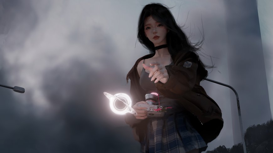 WLOP绘黑发少女手持相机发光星环阴云街头写实动漫电脑壁纸