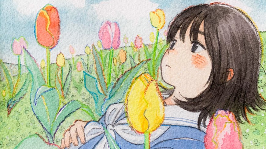 水彩风格黑发少女手捧郁金香花田粉绿动漫电脑壁纸