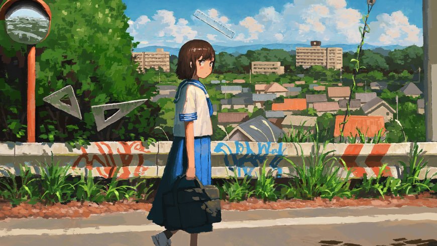 动漫少女水手服侧身行走绿意城市背景蓝白清新动漫电脑壁纸