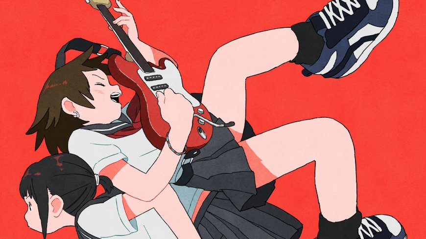 摇滚少女弹奏红色电吉他红白动漫电脑壁纸