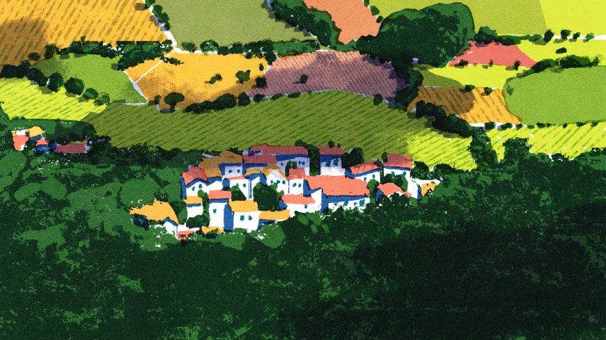 乡村小镇俯瞰田园风光绿黄红彩绘插画电脑壁纸