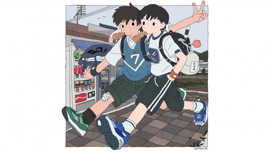 两个黑发少年街头奔跑手持零食蓝白清新动漫电脑壁纸