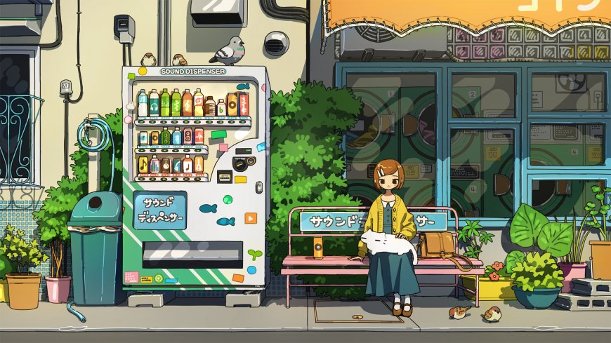 街角自动贩卖机旁少女抱白猫绿植环绕清新插画创意电脑壁纸