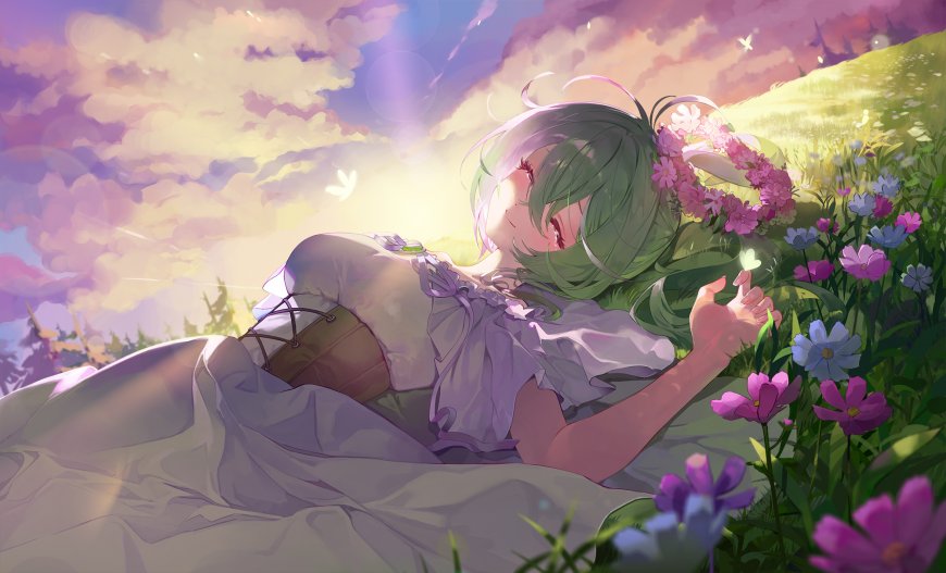 绿发少女花环躺卧草地粉紫梦幻动漫电脑壁纸