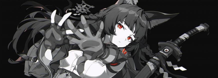 黑白灰调红眼兽耳黑发少女持刀动漫电脑壁纸