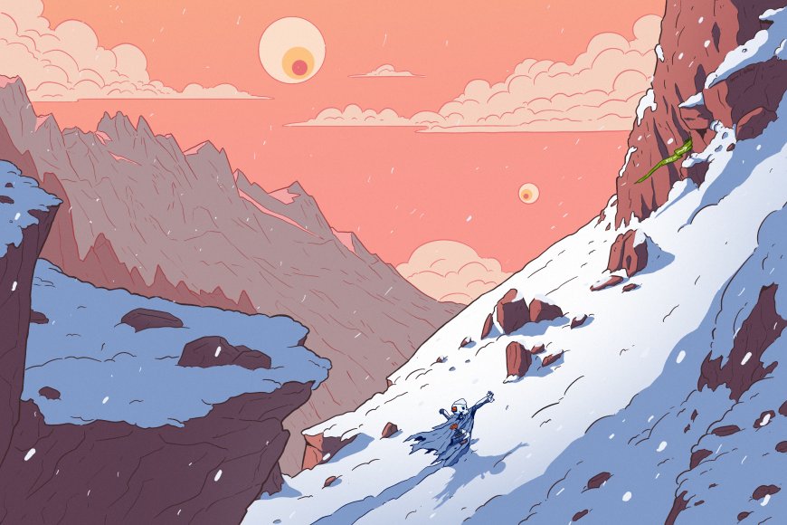 雪山峡谷双日悬空绿龙攀岩蓝白粉紫奇幻插画电脑壁纸